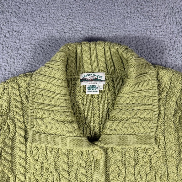 Vintage Aran Crafts Cable Knit Sweater Size Large Green Cardigan Merino Wool - Picture 3 of 8